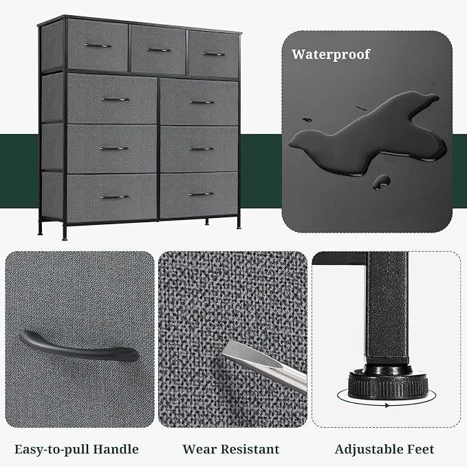 9-Drawer Dresser for Bedroom, Anti-Tip Tall Storage Organizer | Chest of Drawers with Wooden Top and Metal Frame Fabric Bins for Closet, Living Room, Hallway, Entryway, Gray