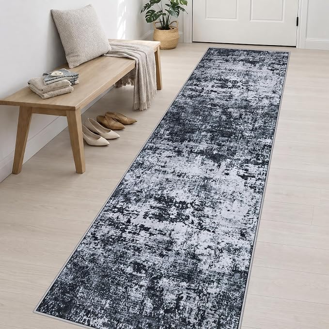 2.6x14 Washable Runner Rug:Modern Abstract Indoor Carpet Black | For Hallway, Bedroom, Kitchen, Laundry, Bathroom,Door Mat,Modern Abstract,Machine washable,Non-Slip,Stain Resistant,Indoor