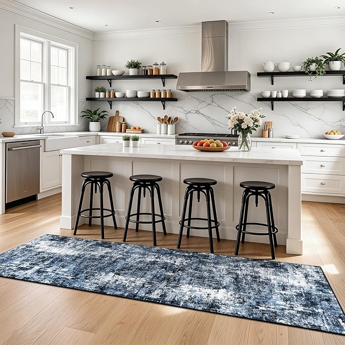 Rugflix 3x8 Runner Rug for Hallway, Washable Navy Blue Long Runners | Machine Washable; Stain-resistant; Low Pile; Non-slip; Modern Abstract; Black Carpet for Entrance Kitchen Hallway Home