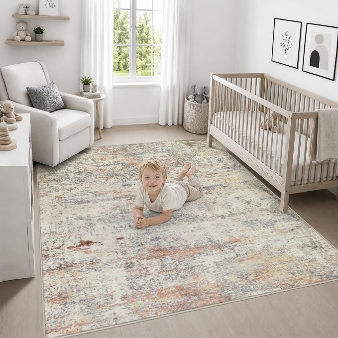 Area Rug Living Room: 5x5 Modern Washable Indoor Soft Carpet Taupe | For Bedroom Dining Room Farmhouse Nursery Hallway Office,Modern Abstract,Machine washable,Non-Slip,Stain Resistant,Indoor