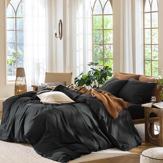 MooMee Duvet Cover Set 100% Washed Cotton Linen Like Twin | Relaxed Linen-like Texture. Soft, Breathable & Long-lasting Comfort. Lightweight. Hidden Zipper with 8 Interior Corner Ties