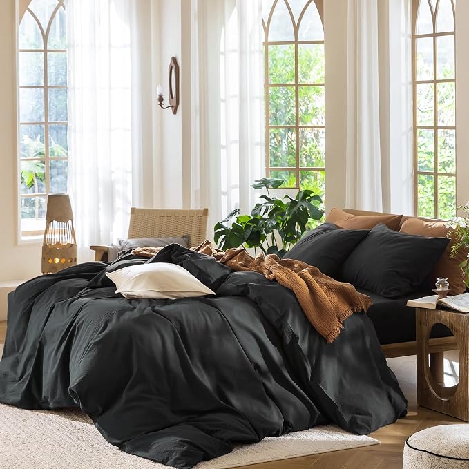 MooMee Duvet Cover Set 100% Washed Cotton Linen Like Cal King | Relaxed Linen-like Texture. Soft, Breathable & Long-lasting Comfort. Lightweight. Hidden Zipper with 8 Interior Corner Ties