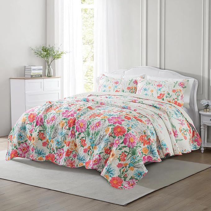 Quilt Bedspread Sets- Dreamy Flowers Reversible Coverlet Set,Queen Size