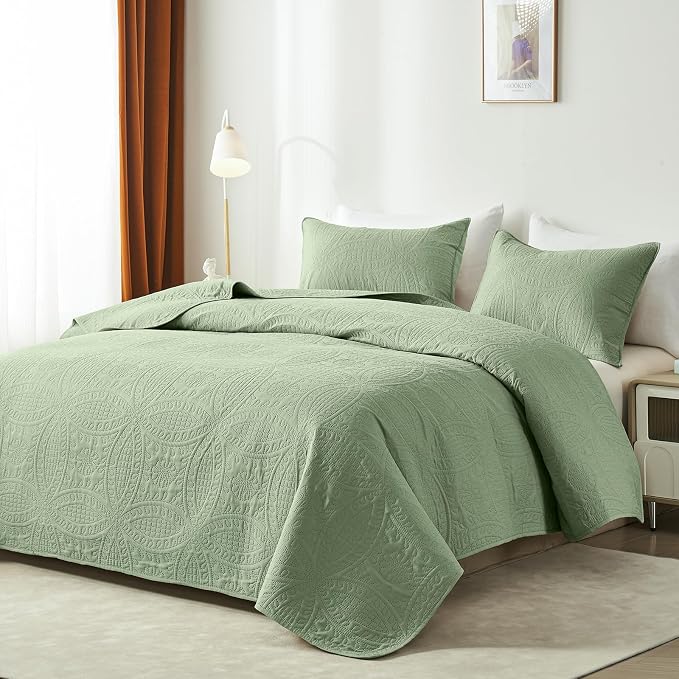 akkialla Quilts Queen Size,Sage Green Ultrasonic Full/Queen Quilt Set,Lightweight Soft Bedspread Coverlet,Modern Style Coin Pattern Bed Cover for All Seasons,3 Piece(1 Quilt,2 Pillow Shams)