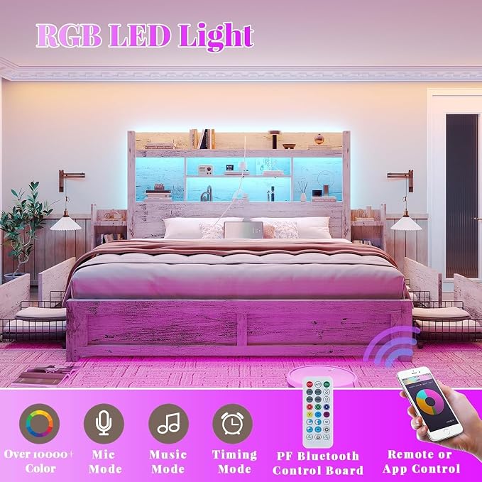 LUXOAK California King Bed Frame with Storage, Distressed White | 49.6" Headboard, Wood Platform Bed, Charging Station, Bedside Storage, 4 Storage Drawers, No Box Spring Needed, Farmhouse