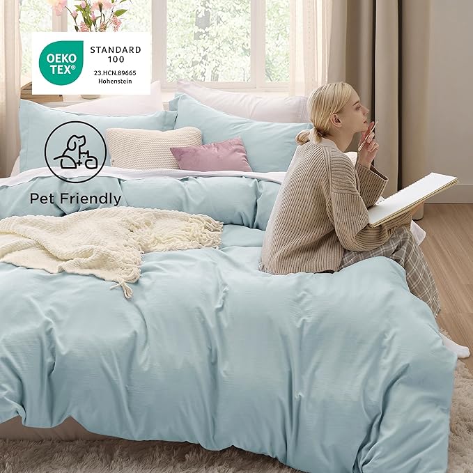 Bedsure Prewashed Duvet Cover Queen, Cotton-Like Bedding Set, Baby Blue | Ultra Soft, Relaxed Texture, Breathable Comfort, Hidden Zipper, 8 Corner Ties, Easy Care, OEKO-TEX Certified, Year-Round Use