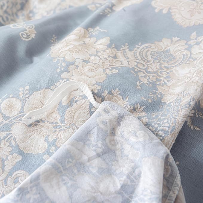 OAITE King Duvet Cover Set 3pcs 100% Cotton with Blue Damask Vintage Floral | Soft, Breathable,Long-lasting,Comfort,Dual Zipper,8 Corner Ties,Easy Care for All Season