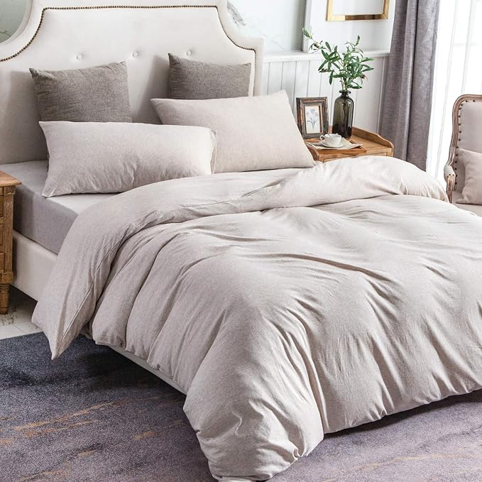 PURE ERA Jersey Knit Duvet Cover Set 100% T-Shirt Cotton Super Soft Comfy 3pc Bedding Set with Zipper Closure (Heather Beige, Queen) | 100% Cotton, 3 Piece Set, T Shirt Soft, Breathable, Envelope Closure Pillowcases, Hidden Zipper, 8 Ties, No Insert, M...