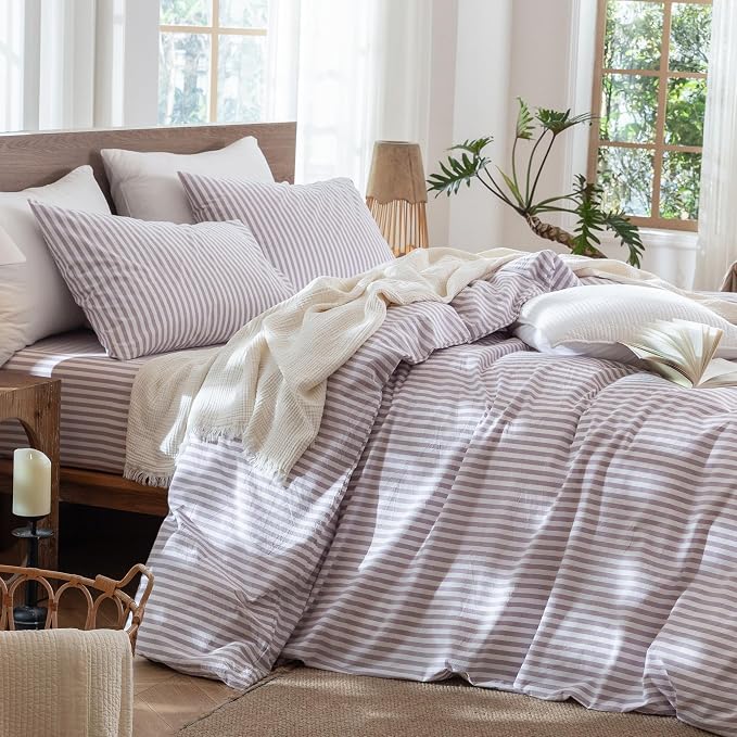 MooMee Striped Duvet Cover Set 100% Washed Cotton Linen Like Queen | Relaxed Linen-like Texture. Soft, Breathable & Long-lasting Comfort. Lightweight. Hidden Zipper with 8 Interior Corner Ties