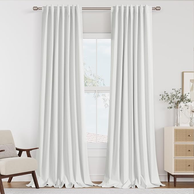 White 100% Blackout Linen Curtains 90 Inch Length 2 Panels Set for Living Room Bedroom Back Tab Thermal Insulated Black Out Drapes Room Darkening Farmhouse Window Curtains 90 Inches Long