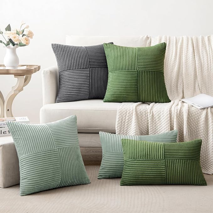 MIULEE Greyish Green Decorative Throw Pillow Covers 16x16 Inch for Couch Bed Sofa Spring Decor Pack of 2 Boho Farmhouse Throw Pillows Soft Cross Corduroy Patchwork Textured Cushion Cases