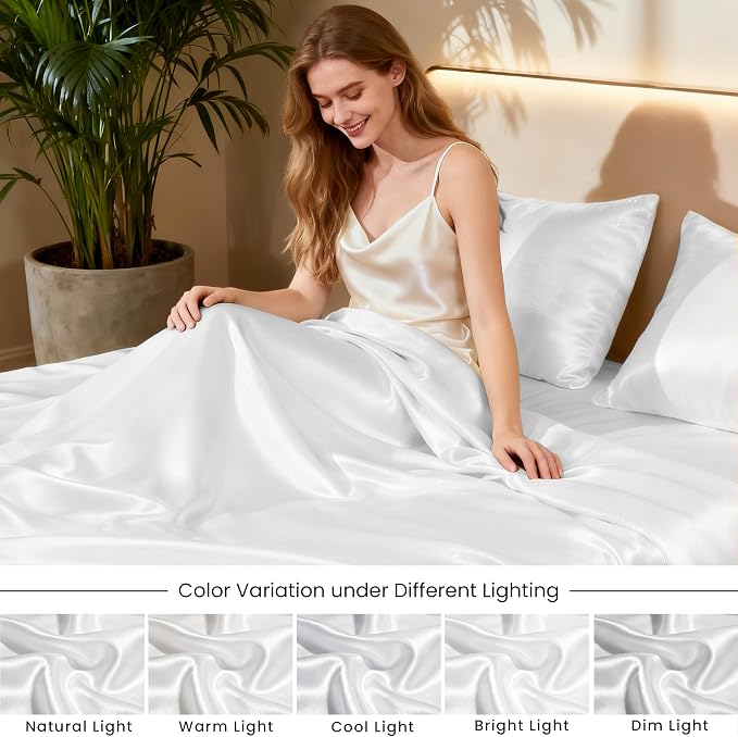 Love's cabin Full Size Satin Sheet Sets - 4 Piece White Silky Satin Sheet Set Full with Deep Pocket, Luxury Silk Feel Satin Bed Sheets Full Bedding Set (1 Flat Sheet,1 Fitted Sheet,2 Pillow Cases)
