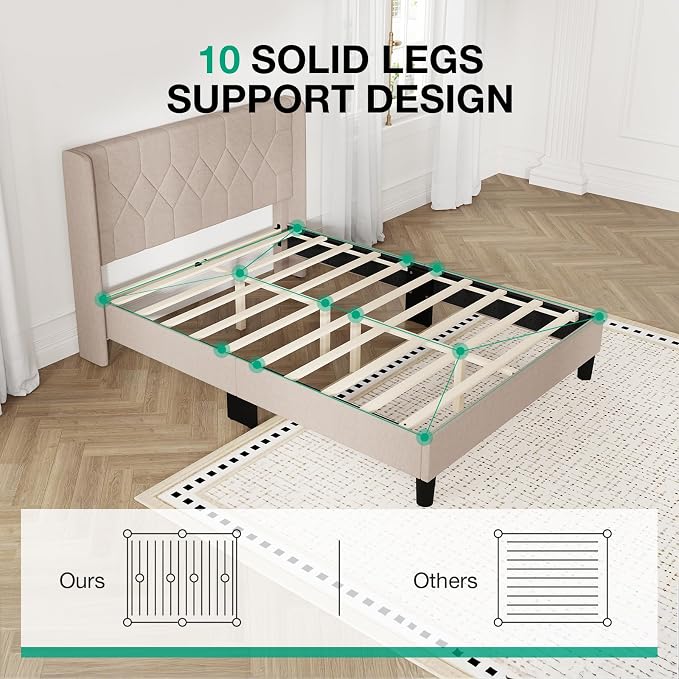 Novilla Queen Bed Frame with Headboard, Queen Size Bed Frame, Linen Upholstered Pull-Point Wing Side Headboard, No Box Spring Needed, Heavy Duty Feet, Easy Assembly, Beige