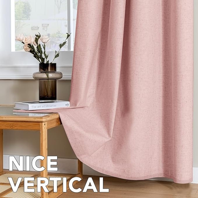 H.VERSAILTEX Linen Curtains 100% Blackout Curtains for Bedroom 90 inch Long Full Light Blocking Nature Linen Blended Window Curtains for Living Room Nickel Grommet (2 Panels, Heathered Baby Pink)