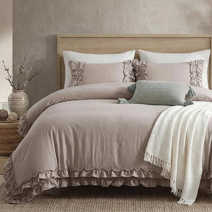 Bedorm Taupe Duvet Cover Set Twin Ruffle Bedding Set Pleat Ruffled Shabby Chic Comforter Cover Extra Soft & Easy Care Boho Duvet Cover with Zipper Closure