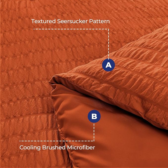 HYMOKEGE Burnt Orange King Size Comforter Set Seersucker 7 Pieces, All Season Luxury Bed in a Bag for Bedroom, Bedding Set with Comforters, Sheets, Pillowcases & Shams