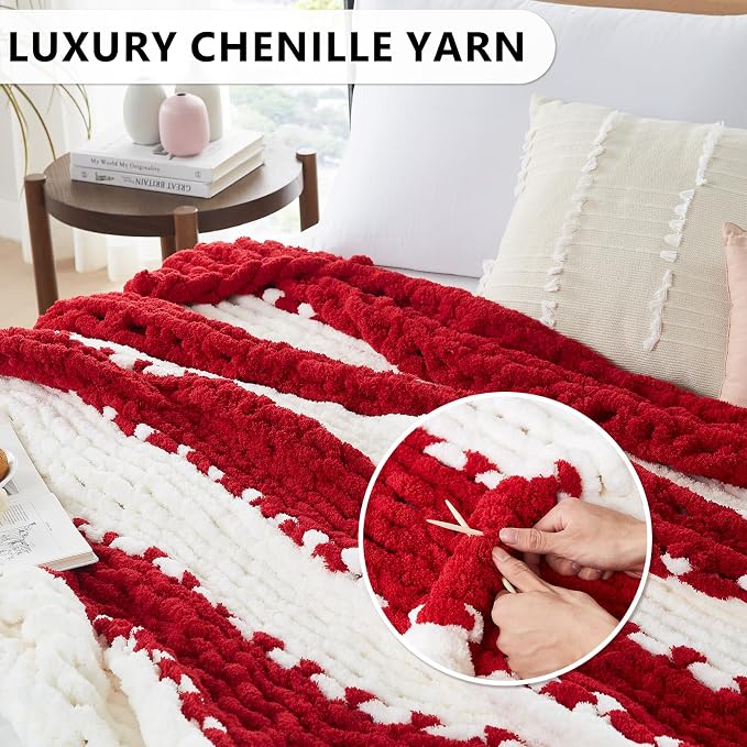 L'AGRATY Chunky Knit Throw Blanket for Couch, 60 x 80 Inches, Red White | Handmade Chenille Crochet Blanket for Sofa Bed, Thick Cable Knitted Blankets for Room Home Decor, Birthday Gift for Women Mom