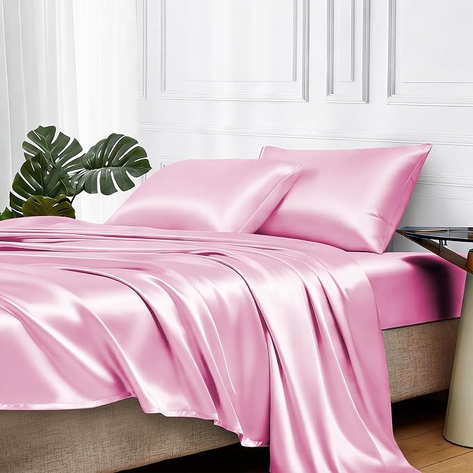 MR&HM Satin Sheets Twin Size with Elastic Corner Straps, Pink | Similar to Silk, 3-Piece Silky Soft Bed Sheet Set, Gentle on Skin and Hair, 15" Deep Pocket, Cooling & Breathable