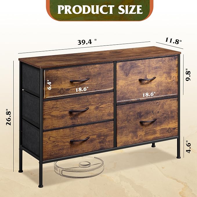 WLIVE 5 Drawer Fabric Dresser for Bedroom, Wide Storage Chest, Rustic Brown | 5-drawer wide fabric dresser with steel frame, multipurpose bedroom living room hallway dorm closet storage organizer