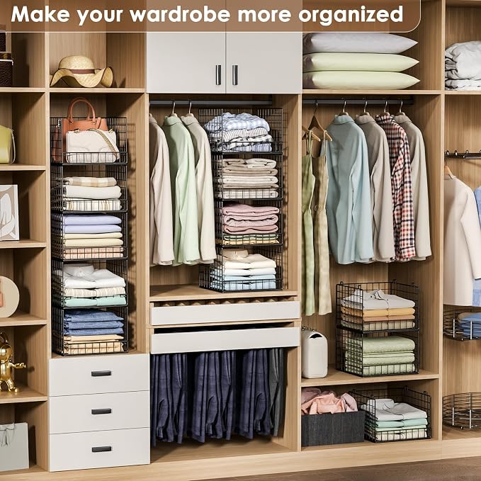 5-Tier Stackable Closet Organizers and Storage Baskets, Closet Shelf Organizer for Small Space, Space-Saving closet organizer system, Foldable Clothes Storage Bins for Closet Organizer System, Black