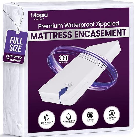 Premium Waterproof Zippered Mattress Protector Full Size, 10" Depth | Utopia Bedding Bed Bug Mattress Cover, 6-Sided Mattress Encasement, Dust Mite Proof, Washable, Fits upto 10" Deep Mattresses