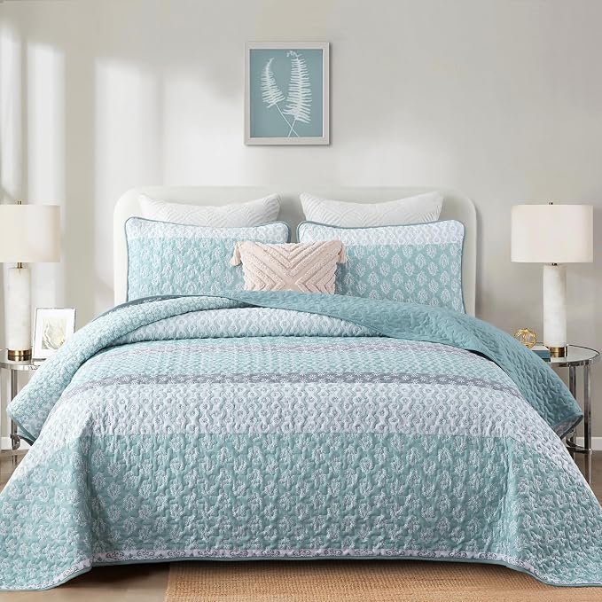 Cottolester Aqua Quilt Set King Size Boho Striped Bedspread Lightweight Soft Microfiber Bedding Set 110"x90" (3 Pieces) | Soft Microfiber Coverlet,Breathable All-Season,Machine Washable,3-Piece Set,Fits King 110"x90",Cozy Essential for Men Women