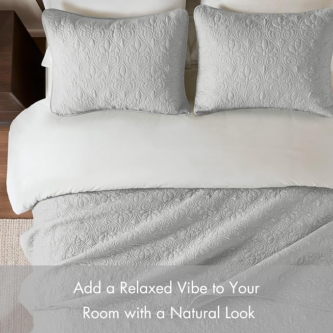 Madison Park Luxurious Cotton Damask Quilt Set, 3PC Full/Queen Bed Set | All Season, Lightweight Stitching Coverlet Bedspread Bedding Stitching with Shams, Grey