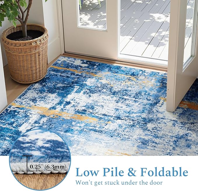 Rugflix 8x10 Area Rugs for Living Room, Washable Sky Blue Gold Large Rug | Machine Washable; Stain-Resistant; Low Pile; Non-Slip; Modern Abstract; Carpet for Bedroom Dining Office Nursery Home