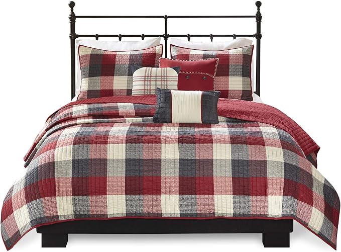 Madison Park Cabin Lifestyle Plaid Quilt Set, 6PC Full/Queen Coverlet | All Season, Luxurious Coverlet Bedspread Lightweight Bedding Layer, Shams, Decorative Pillow, Red