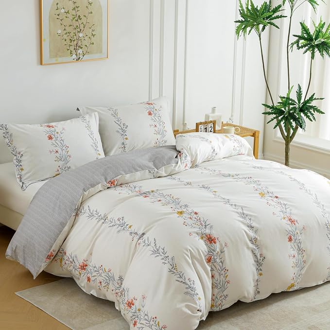 OAITE Twin Duvet Cover Set 3pcs 100% Cotton with Wildflower Stripe | Floral Pattern,Soft, Breathable,Long-lasting,Comfort,Hidden Zipper,8 Corner Ties,Easy Care for All Season