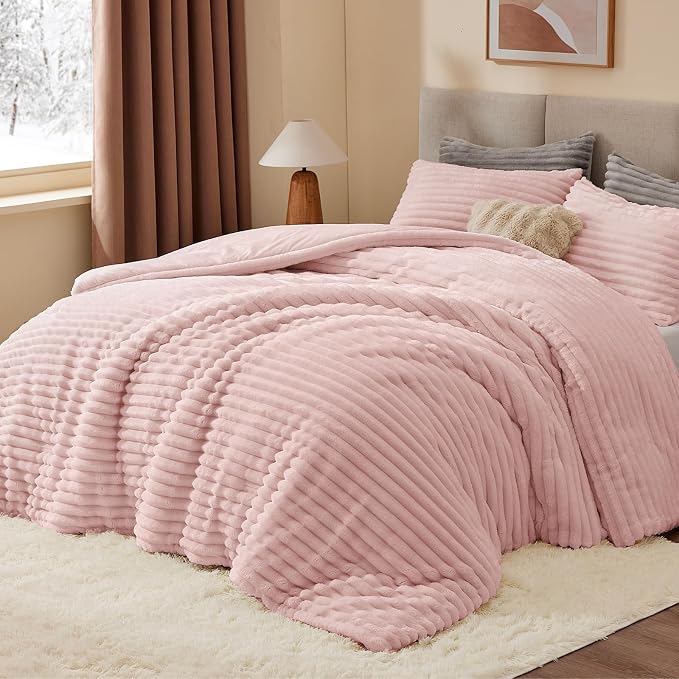 BEDELITE Fleece California King Comforter Set, Fluffy Bed Set, Pink | Super Soft & Warm Bedding, Luxury Fuzzy Faux Fur Comforter for Winter, Heavy Plush Bedding, with 2 Pillowcases
