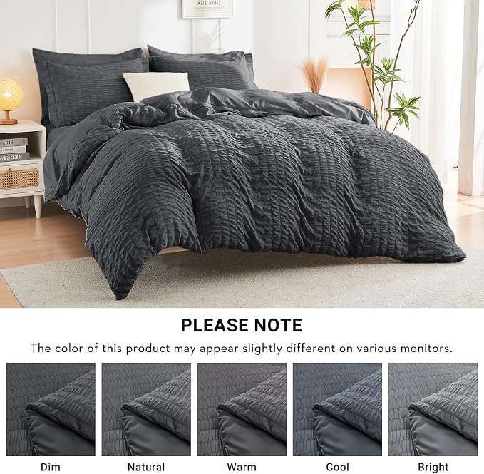 HYMOKEGE California King Comforter Set Seersucker 7 Pieces, All Season Luxury Bed in a Bag for Bedroom, Bedding Set with Comforters, Sheets, Pillowcases & Shams, Dark Grey