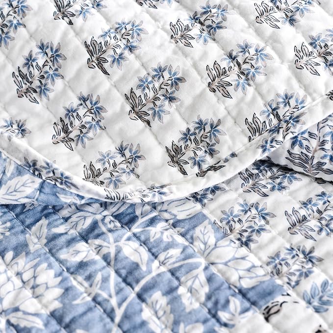 EverGrace 100% Cotton Patchwork Quilt Set, King Size, Coastal Blue 110"×92" | Reversible Lightweight Bedspread Coverlet, Printed Patchwork Bedding Set, Traditional Block Print Quilt with 2 Pillow Shams