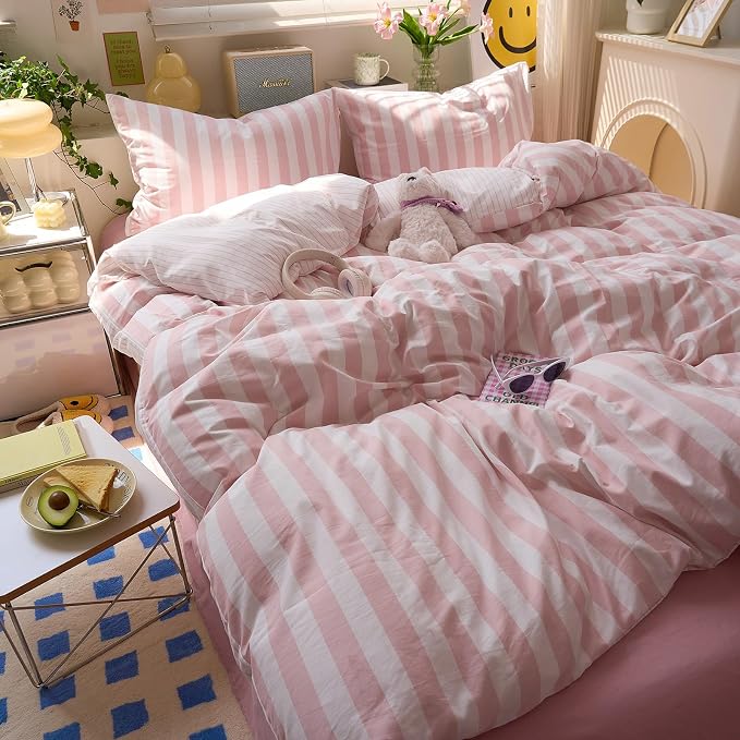 LifeTB Peach Pink Striped Comforter Set Queen, 3 Piece Vintage Stripes Pattern Printed Bedding Set, Breathable Soft Farmhouse Striped Bedding Comforter Queen, Cozy Lightweight Pink Comforter Set