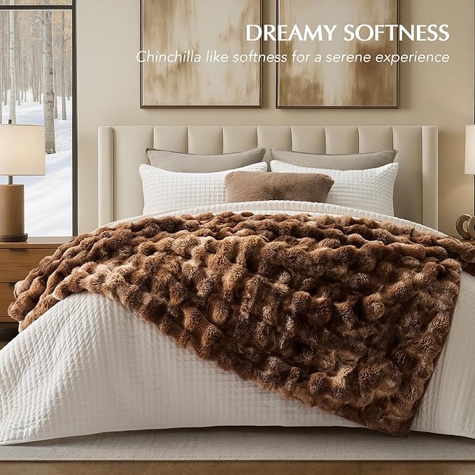 EverGrace Faux Rabbit Fur Bubble Throw Blanket, 60"x80", Lion Caramel | Ultra Soft, Luxury Faux Rabbit Fur Throw, Thick Warm Bubble Blanket, Cozy Fluffy Reversible, for Bed, Couch, Chair, Sofa