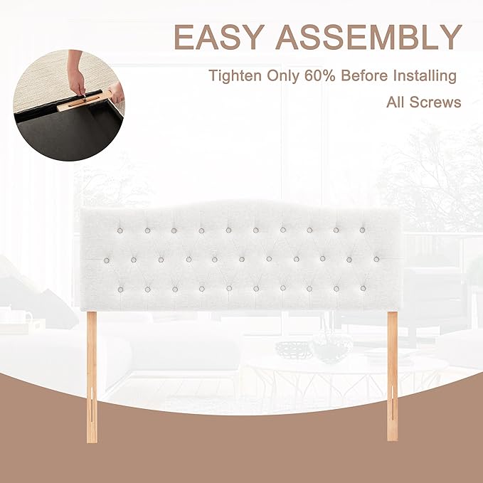Tufted Headboard Queen Size, Solid Wood Adjustable Height Head Board, White | Upholstered Queen Headboard Only with Durable Solid Wood Legs, Adjustable Height 37-51 in, Fabric Button Diamond HeadBoards