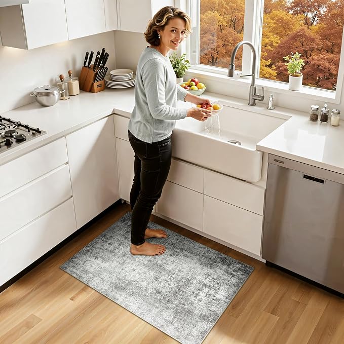 RELEANY Washable 2'x3' Abstract Area Rug for Living Room Gray White | Carpet for Bedroom, Kitchen, Office, Hallway and Entryway, Printed Pattern, Non‑Slip, Soft, Stain‑Resistant, Easy to Clean