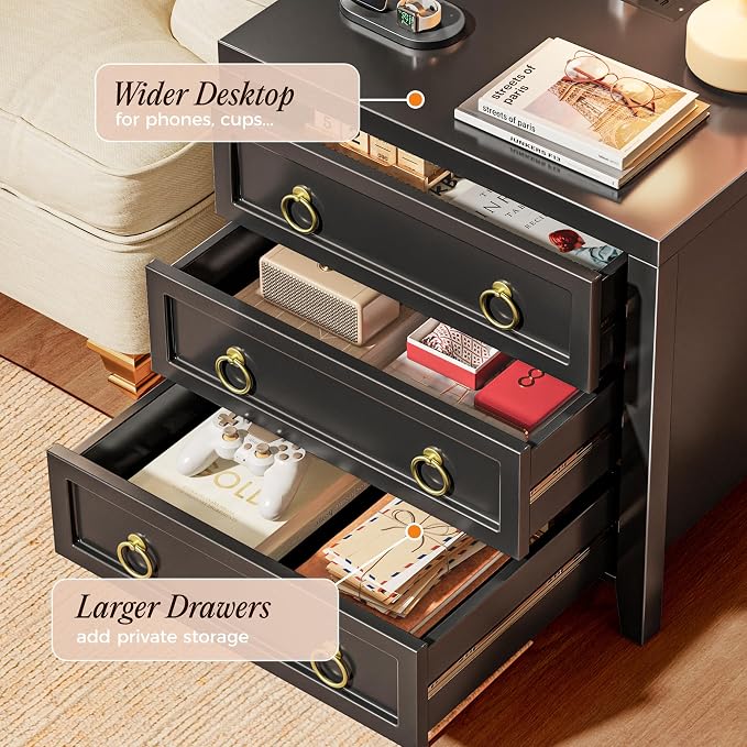Huuger Paint Night Stand with Charger Station, 3 Drawer Nightstand Set of 2 | Larger Wider Bedside Table with USB-C Port, Modern End Table, for Bedroom, Living Room, Black Nightstand