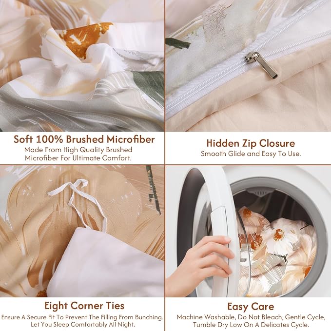 LONAVA King Flower 3 Pcs Duvet Cover Set, Breathable Soft Microfiber Biege Lining Comforter Cover with Zipper Closure, and 2 Anti-Pilling, Fade Resistant Pillowcases, Golden Flower