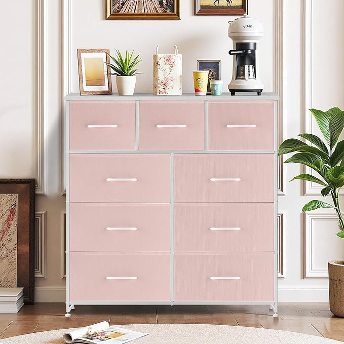 9-Drawer Dresser for Bedroom, Anti-Tip Tall Storage Organizer | Chest of Drawers with Wooden Top and Metal Frame Fabric Bins for Closet, Living Room, Hallway, Entryway, Pink