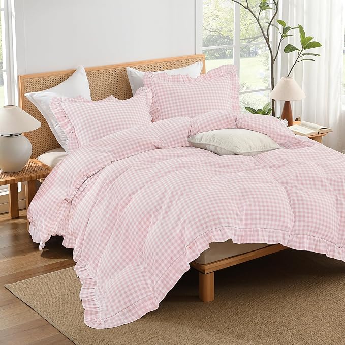 Andency Pink Gingham Duvet Cover King, Ruffle Shabby Chic Bedding Set 3 Pcs | Farmhouse Soft Pre-Washed Polyester Comforter Cover with Zipper Closure & Corner Ties, 104x90Inch