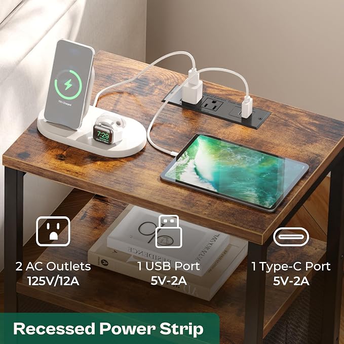 Huuger Nightstand with Charging Station, Side Table with Fabric Drawers, End Table with Open Shelf, Bedside Table with USB Ports and Outlets, Night Stand for Bedroom, Rustic Brown and Black | End Table with Open Shelf, Bedside Table with USB Ports and ...