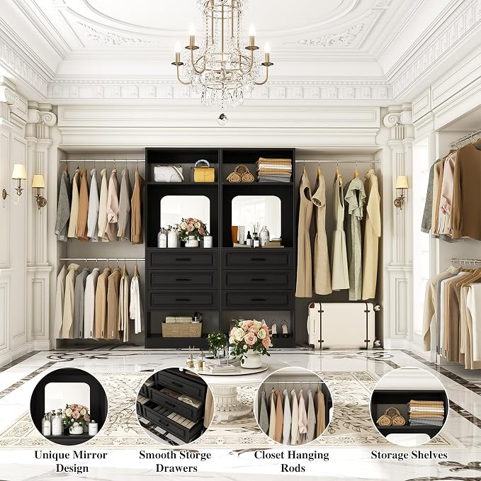 Unikito 6-14FT Wood Closet System with 6 Drawers and Mirror, Black | Sturdy walk-in organizer wardrobe for clothing, clothes rack with 3 hanging rods, freestanding garment storage tower.