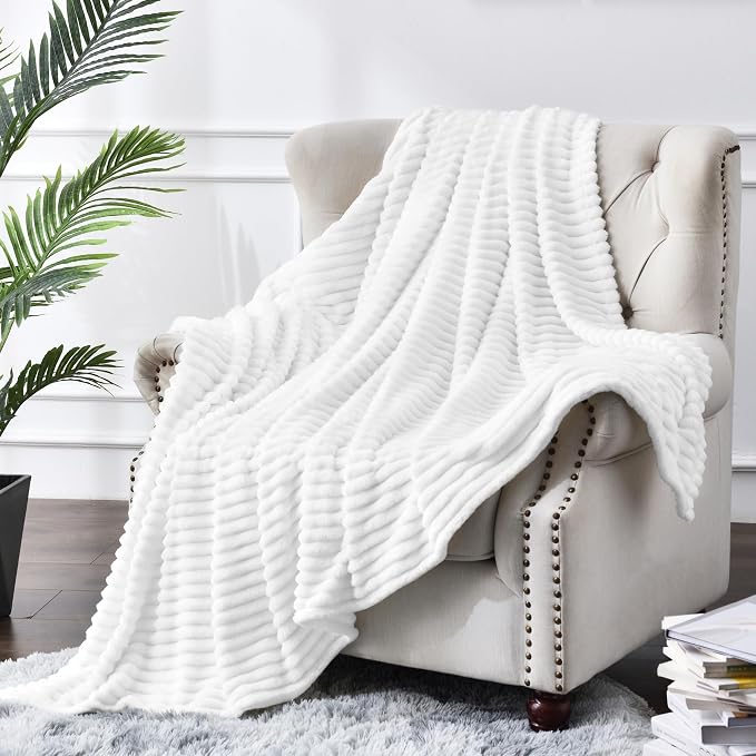 BEDELITE Ribbed Jacquard White Fleece Throw Blanket for Couch, 50x70 Inch | Soft Warm Decorative Fluffy Blanket, Cozy Plush Lightweight Fuzzy Throw Blanket for Bed Sofa Home Room Decor, Gift for Women