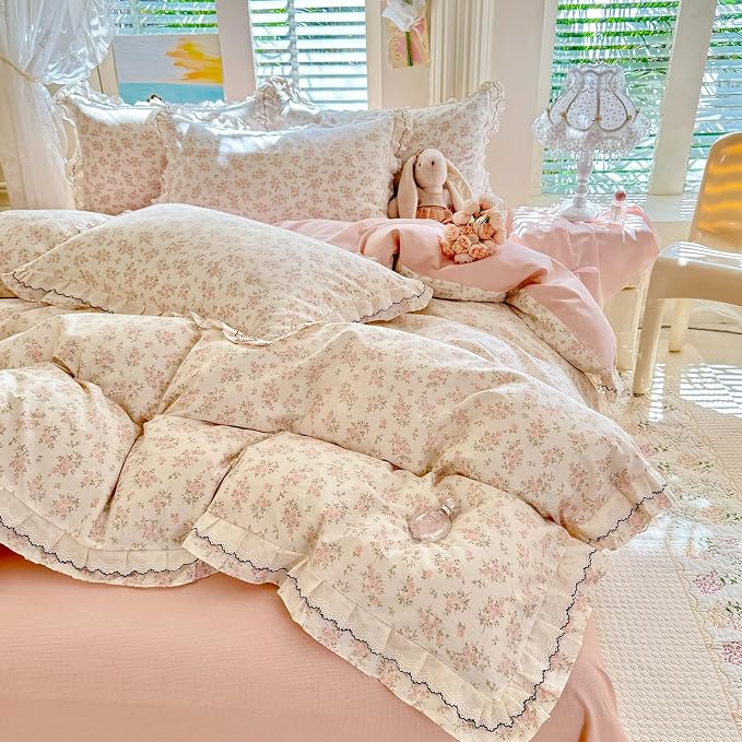mixinni Shabby Chic Floral Duvet Cover Set Twin, 100% Cotton Cottagecore Bedding with Double Ruffle Lace Trim, Reversible Pink Rose Flower Vintage Farmhouse Comforter Cover with Zipper & Corner Ties