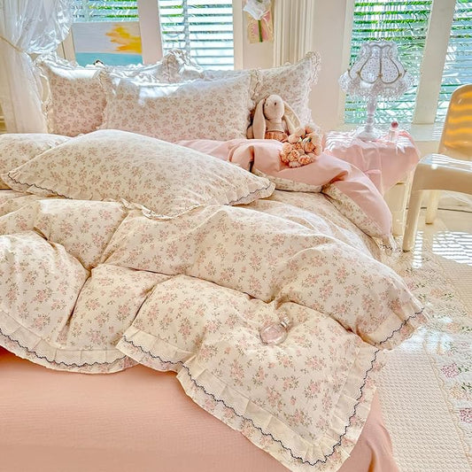 mixinni Country Floral Duvet Cover Set Twin XL Size – 100% Cotton Cottagecore Bedding with Double Layer Ruffle Lace & Black Lace Trim, Shabby Chic Reversible Farmhouse Style Comforter Cover 3-Piece
