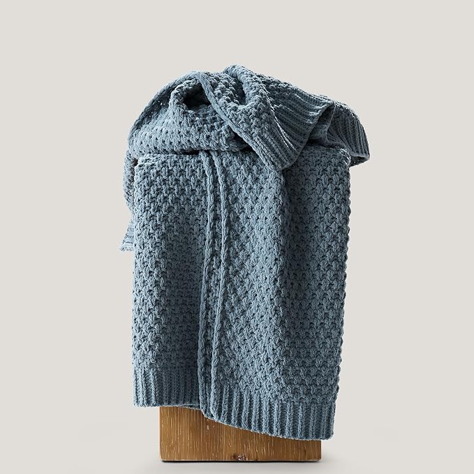 EVERGRACEHOME Chunky Chenille Knit Throw Blanket, 60 x 80, Stormy Blue | Sculpted Moss Stitch, Chic Modern Farmhouse, All-Season Warmth, OEKO-TEX® Certified, Elegant Blanket for Couch, Bed, Sofa