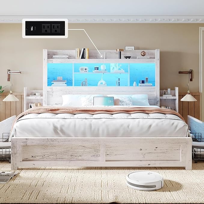 LUXOAK California King Bed Frame with Storage, Distressed White | 49.6" Headboard, Wood Platform Bed, Charging Station, Bedside Storage, 4 Storage Drawers, No Box Spring Needed, Farmhouse