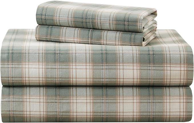 Comfort Spaces 100% Cotton Percale Sheets Twin XL Size 3 Pcs, Wesley Green | Crisp, Cool & Breathable Bed Sheets, 12" Deep Pocket Fits Up to 14" Mattress, Lightweight, All Season Cozy, with Pillow Case