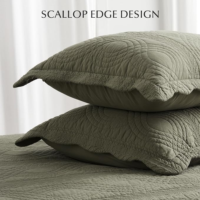 100% Cotton Scallop Quilt Set, King Size, Olive Green | Scalloped Border, Timeless Chic Aesthetic, All-Season Comfort, Perfect French Country Bedroom Decor, 3 Piece Set with 2 Shams